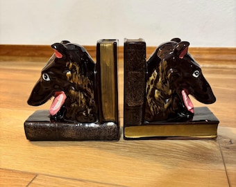 Vintage Japanese ceramic Dog Bookends featuring brown-glazed dogs with gold accents