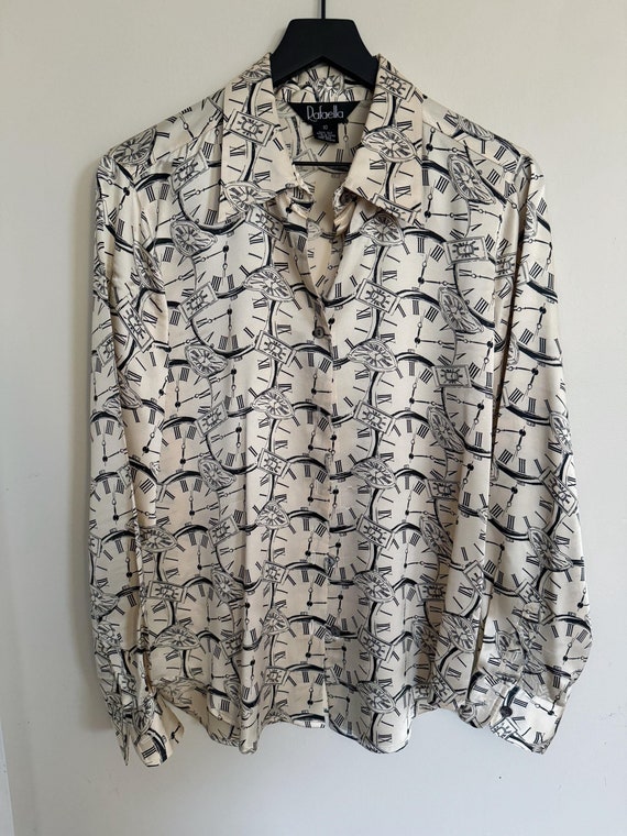 Vintage 100% Silk Blouse with Clock Pattern