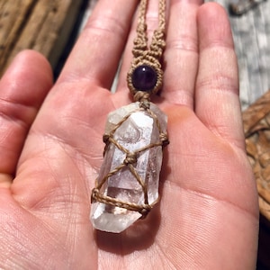 Brazilian Clear Quartz & Amethyst Macrame Necklace | Bohemian | Hippie | Crystal Micro Macrame