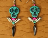 Day of the Dead Sugar Skull Earrings, Dia de los Muertos Teal Czech Glass Skull Bead, Silver Wings, Gun Metal Spikes, Hot Pink Chevron Beads