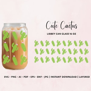 Cactus Libbey 16 oz Can Glass Wrap, Floral Beer Can Glass Svg, Ideal para decoración del hogar DIY, Regalo reflexivo para los amantes de las plantas, minimalista, DIY