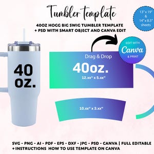 May include: A blue 40oz tumbler with a handle and a white background. The text "40oz" is printed on the tumbler. The image includes instructions for using a template on Canva.