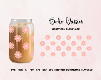 Emballage de verre Boho Daisies Libbey SVG : verre de canette de 16 oz (téléchargement numérique)