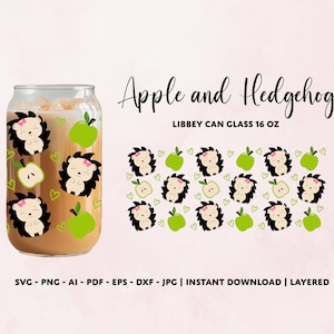 O vidro de 16 onças Apple e Hedgehog pode embrulhar SVG, o vidro de 16 onças pode embrulhar o outono, o envoltório de sublimação de vidro em lata de cerveja, Apple SVG, Cute Hedgehog SVG