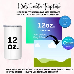Modello di tumbler sottile per bambini da 12 once, modello di tumbler sottile dritto, modello di tumbler a sublimazione da 12 once, modello di tumbler PSD, modello Canva
