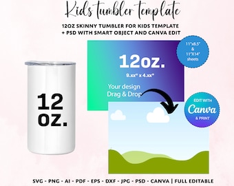 12oz Kids Tumbler Template: Skinny Sublimation Design (PSD, Canva)