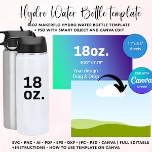 Modèle de bouteille d'eau hydroélectrique de 18 oz, modèle de gobelet à sublimation droit, modèle de gobelet Canva, modèle PSD