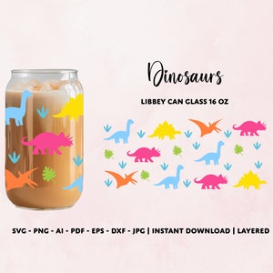Dinosaurs 16 oz can glass wrap svg, Libbey can Glass  wrap svg, Dinosaur cup wrap svg, svg files for cricut, Dinosaurs Beer Glass wrap