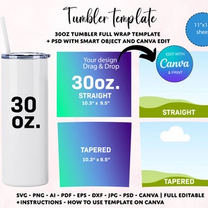 Modello tumbler da 30 once, involucro tumbler Canva da 30 once, modello tumbler a sublimazione, involucro tumbler sottile, modello tumbler psd, trascina e rilascia canva