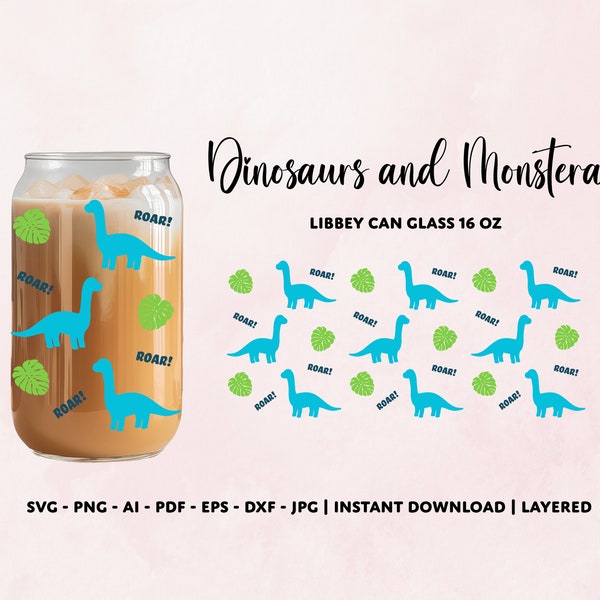 Dinosaurs & Monstera can glass svg, Libbey can Glass  wrap svg, Dino Beer Glass Can Svg, Dinosaur cup wrap svg,  PNG DXF EPS Files, Cricut