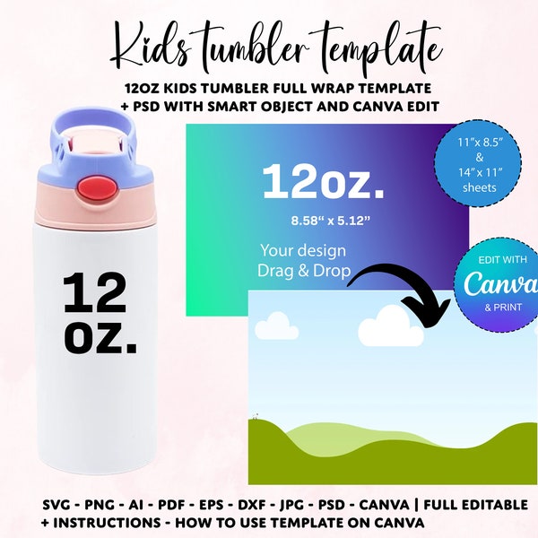 12oz tumbler template, tumbler template Canva, 12oz flip top Kids Water Bottle Template, flip cup tumbler Template, Straight Tumbler