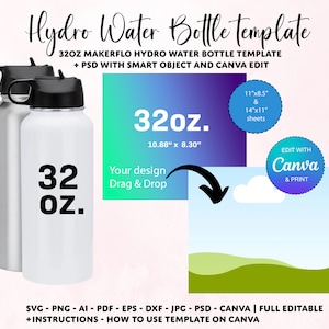 May include: A mockup template for a 32-ounce water bottle with a white background. The bottle is silver with a black lid and a black label that says "32 oz". The template is designed to be used with Canva and includes instructions on how to use it. The template is available in a variety of formats, including SVG, PNG, AI, PDF, EPS, DXF, JPG, and PSD.