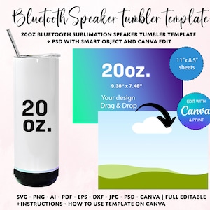 May include: A white 20 oz. tumbler with a black speaker base. The tumbler is a template for sublimation printing and can be edited in Canva. The template is 9.38 inches by 7.48 inches and is designed to fit 11 inch by 8.5 inch sheets.