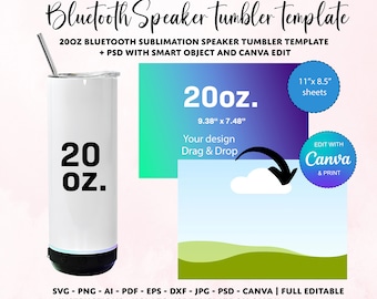 20oz Bluetooth Speaker Tumbler Template: Canva & PSD (Digital Download)