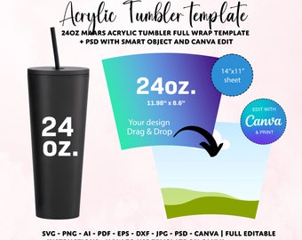 24oz tumbler template, Acrylic tumbler template, 24oz sublimation template, PSD tumbler template, Canva Tumbler template, tapered template