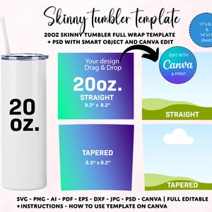 Skinny Tumbler Template Canva Frames, Tumbler Template, Editable In Canva 20oz Full Tumbler Wrap, Drag Drop Templates, Personalized Tumbler