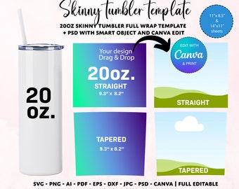 20oz Skinny Tumbler Template: Full Wrap, Editable Canva (Digital Download)