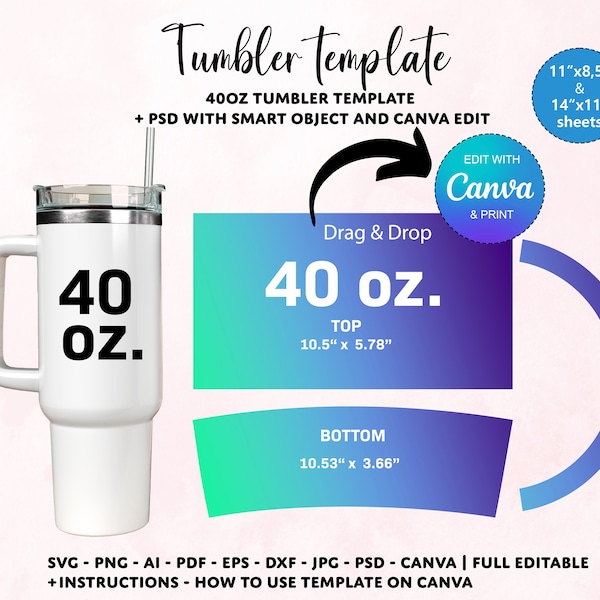 40oz Tumbler Template, Tumbler Sublimation template, 40oz Tumbler Wrap Template, SVG Template for 40oz tumbler, Canva Tumbler template