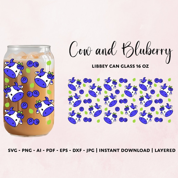 Cow Can Glass Wrap 16oz, BlueBerry fruit svg,  Cow Face Svg, Animal Print Svg, Cute cow Digital Cut Files Silhouette, blueberry glass svg