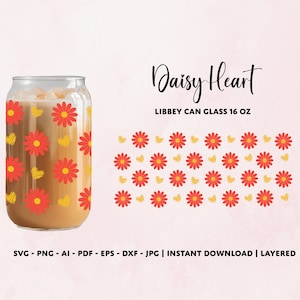 Gänseblümchen und Herz Libbey Glas SVG, Gänseblümchen Bier kann Glas SVG, full wrap für 16oz. Libbey Glas, dxf, png, svg-Datei für Circut, digitale Datei