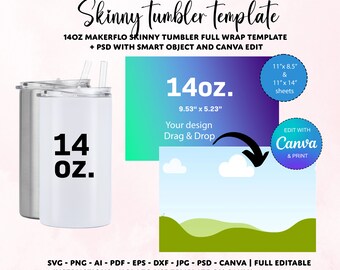 May include: A mockup of a 14oz skinny tumbler template with a green, blue, and white background. The template is for a 14oz skinny tumbler with a 9.53" x 5.23" design area. The template is editable in Canva and includes instructions on how to use it.