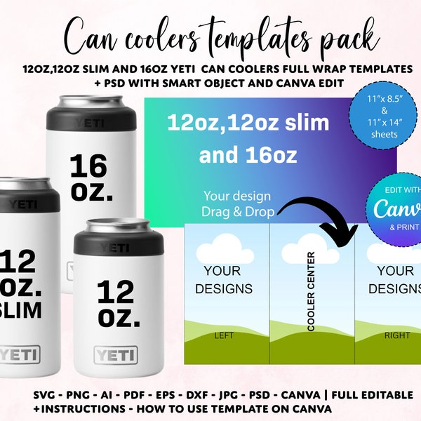 4in1 can cooler sublimation templates pack, Yeti can coolers template, 12oz slim can cooler, 16oz can koozie template, Canva Template