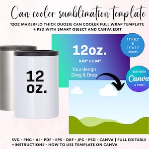 Puede incluir: Una plantilla de sublimación para un enfriador de latas de 12 oz. La plantilla está diseñada para ser utilizada con Canva e incluye un archivo PSD con un objeto inteligente. La plantilla mide 24,46 cm por 15,09 cm y se puede imprimir en hojas de 27,94 cm x 21,59 cm o 35,56 cm x 27,94 cm. La plantilla incluye un área de diseño para un diseño personalizado y el texto "12oz."