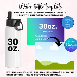 Modèle de bouteille d'eau 30 oz, modèle de gobelet à sublimation droite, modèle de bouteille d'eau SVG, modèle de gobelet en toile, modèle PSD