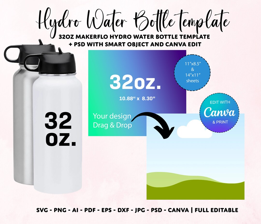 32oz Hydro Water Bottle Template, Straight Sublimation Tumbler Template ...