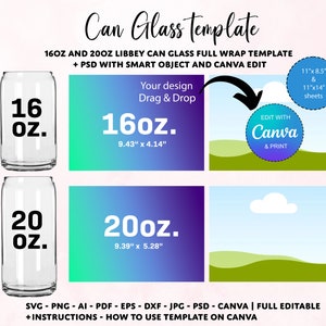 Könnte beinhalten: Eine digitale Vorlage zum Erstellen von benutzerdefinierten Designs für 16oz und 20oz Libbey-Gläser in Dosenform. Die Vorlage enthält eine PSD-Datei mit Smart Objects und kann in Canva bearbeitet werden. Das Bild zeigt eine klare Glasdose mit dem Text "16oz" und "20oz" darauf gedruckt. Die Vorlage ist vollständig editierbar und enthält Anweisungen zur Verwendung in Canva.