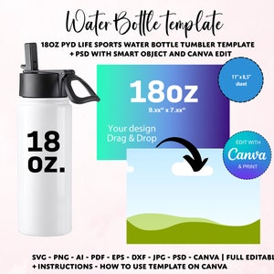 Modèle de bouteille d'eau de sport de 18 oz, modèle de gobelet à sublimation droite, modèle de bouteille d'eau SVG, modèle de gobelet en toile, modèle PSD