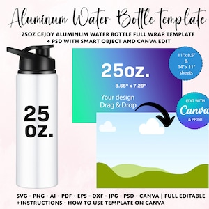25oz Water Bottle Template, Aluminium Water bottle sublimation, Water bottle template SVG PNG, Canva water bottle template, free gift
