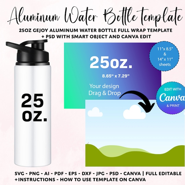 25oz Water Bottle Template, Aluminium Water bottle sublimation, Water bottle template SVG PNG, Canva water bottle template, free gift
