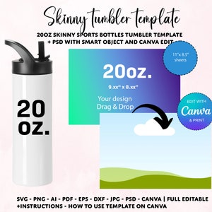 Peut inclure: Un modèle de gobelet skinny blanc de 20oz avec un couvercle noir et une paille. Le modèle mesure 23cm sur 20cm et peut être édité dans Canva. L'image comprend également du texte qui dit "20oz Skinny Sports Bottles Tumbler Template + PSD with Smart Object and Canva Edit".