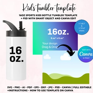 Kids Tumbler Sublimation Template: 16oz Sports Bottle (Canva, PSD)