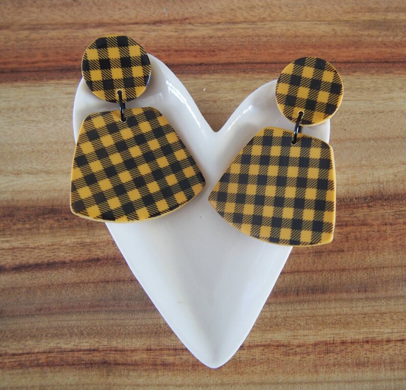 clay earrings mustard earrings ethically made jewellery handmade earrings Gingham earrings