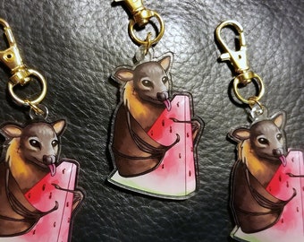 Fruit Bat Eating Watermelon Acrylic Keychain - Double Sided Cute Animal Keychain Accessory Phone Key Charm