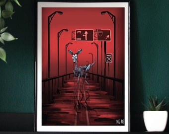 Where Highway Art Print 11" x 14" - Digital Painting Dark Horror Home Decor, Creepy Cryptid Deer Stag Poster, Mysterious Surreal Animal Odd