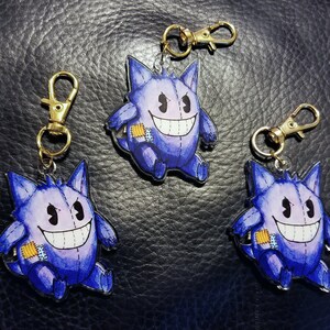 Plush Gengar Ghost Keychain - Double Sided Pokemon Fan Art Cute Ghost Type, Drawing Kawaii Cartoon Cat Anime Plushie Nintendo Fan Gift