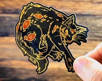 Plague Eyes Cat Sticker - Gold Foil Mirror Vinyl Sticker Decal Oddities, Creepy Animal Eyes Illustration Design, Cat Drawing