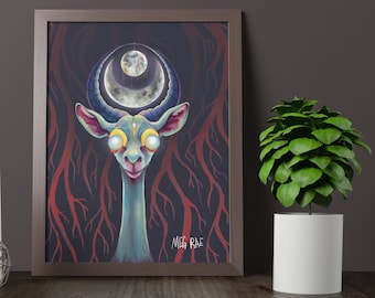 Lunar Old God Art Print 14" x 11" - Creepy Dark Eldritch Animal Painting, Weird Fantasy Creature Drawing, Strange Occult Artwork