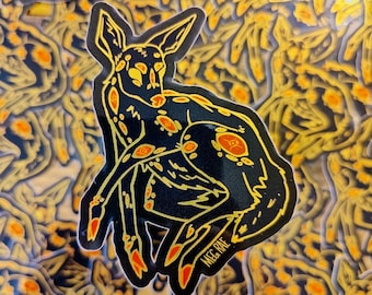 Plague Doe Deer Sticker - Gold Foil Mirror Vinyl Sticker Decal Oddities and Curiosities Illustration Design, Fawn Drawing