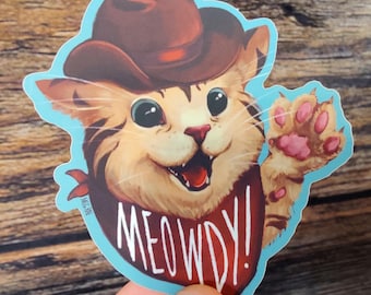 Adesivo Meowdy Cowboy Cat - Adesivo in vinile opaco, adorabile cappello da cowboy con gatto di campagna, divertente regalo a forma di gattino, illustrazione originale dipinta a mano digitale