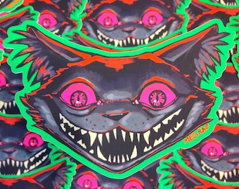 Cheshire Cat Sticker - Matte Vinyl Sticker, Creepy Alice in Wonderland Inspired Art Sticker, Weirdcore Scary Horror Kitty, Neon Cryptid