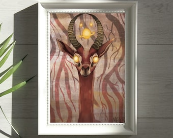 Solar Old God Art Print 11" x 14" - Digital Painting Dark Horror Home Decor, Creepy Cryptid Gazelle Poster, Mysterious Surreal Animal Odd