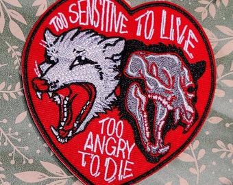 Possum Heart Iron On Embroidered Patch - Too Sensitive To Live Too Angry to Die - Dark Animal Art Patch, Creepycore roadkill accessories