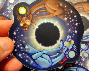 Solar Eclipse Totality Deities Sticker - Matte Vinyl Sticker, Eldritch Gods, Sun Moon Fantasy Creatures, Gerenuk Animal Art