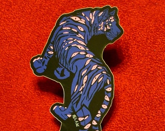 Creepy Tiger Eyes UV reacitve Blacklight Sticker - Cryptid Drawing, 90's monster art, Big Cat oddities art, rave dark illustration