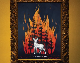 Forest Fire Art Print 11" x 14" - Digital Painting Dark Horror Home Decor, Creepy Cryptid Deer Stag Poster, Mysterious Surreal Animal Odd
