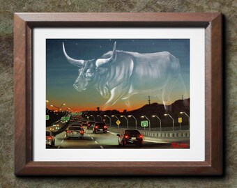 Prairie Lost Art Print 14" x 11" - Surreal Dark Eldritch Animal Painting, Weird Fantasy Longhorn Drawing, Wild West Texan